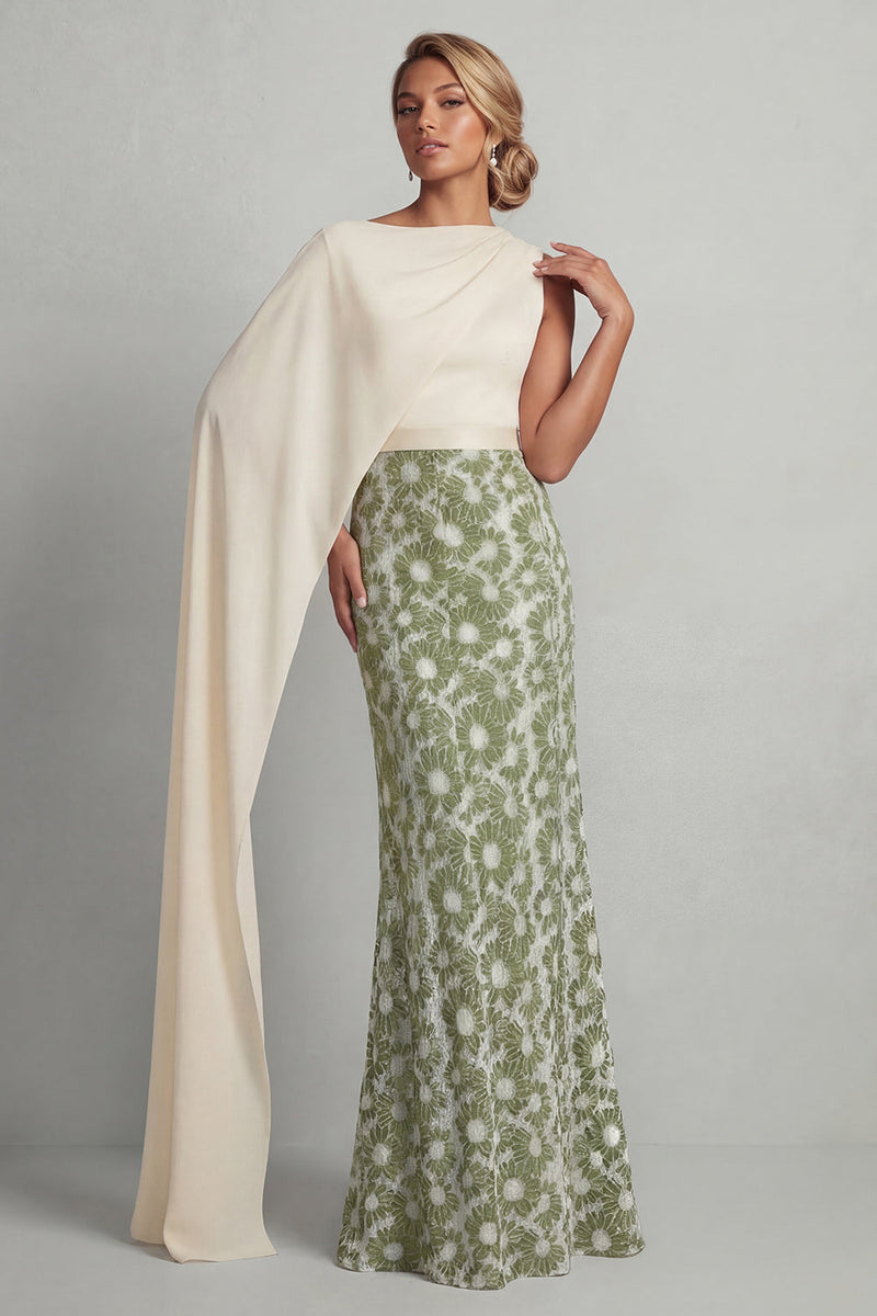 Load image into Gallery viewer, Green Mermaid Floral Long Mother of the Bride Dress with Side Cape