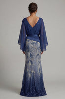 Load image into Gallery viewer, Sparkly Navy Flare Sleeves Mermaid Long Beaded Mother of the Bride Dress