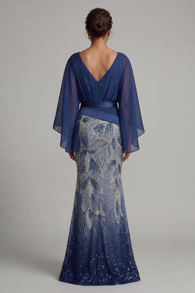 Load image into Gallery viewer, Sparkly Navy Flare Sleeves Mermaid Long Beaded Mother of the Bride Dress