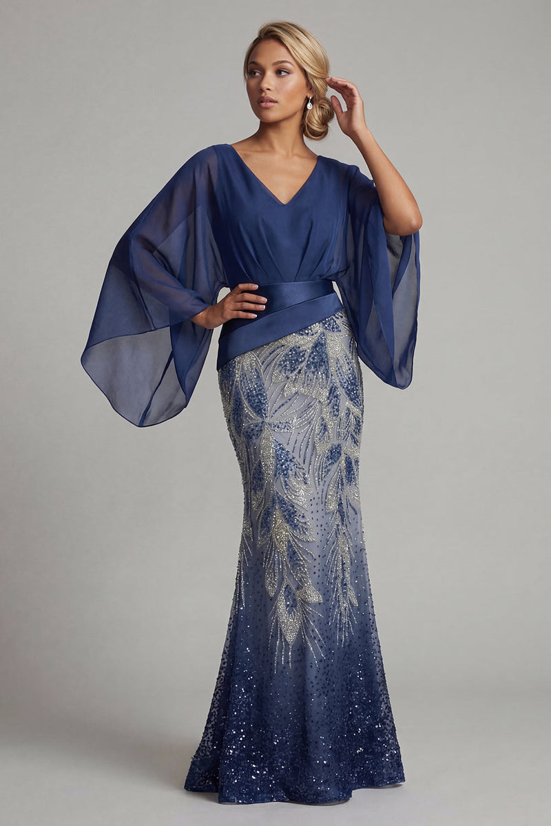 Load image into Gallery viewer, Sparkly Navy Flare Sleeves Mermaid Long Beaded Mother of the Bride Dress