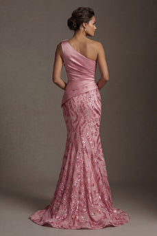 Sparkly Pink Ruched Mermaid Long Sequin Evening Dress with Bow