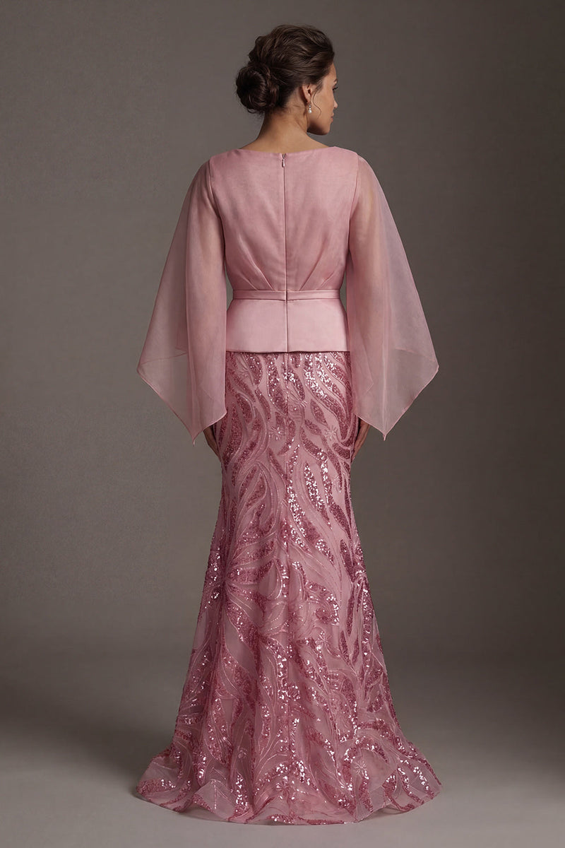 Load image into Gallery viewer, Flare Sleeves Long Sparkly Pink Sequin Mermaid Mother of the Bride Dress