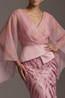 Load image into Gallery viewer, Flare Sleeves Long Sparkly Pink Sequin Mermaid Mother of the Bride Dress