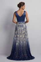 Load image into Gallery viewer, A Line Sparkly Navy Beaded Long Mother of the Bride Dress with Bow