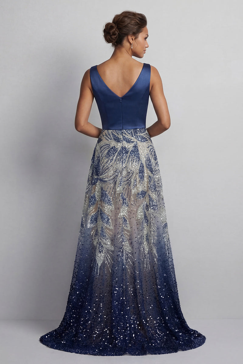 Load image into Gallery viewer, A Line Sparkly Navy Beaded Long Mother of the Bride Dress with Bow