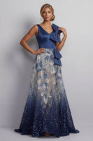 Load image into Gallery viewer, A Line Sparkly Navy Beaded Long Mother of the Bride Dress with Bow