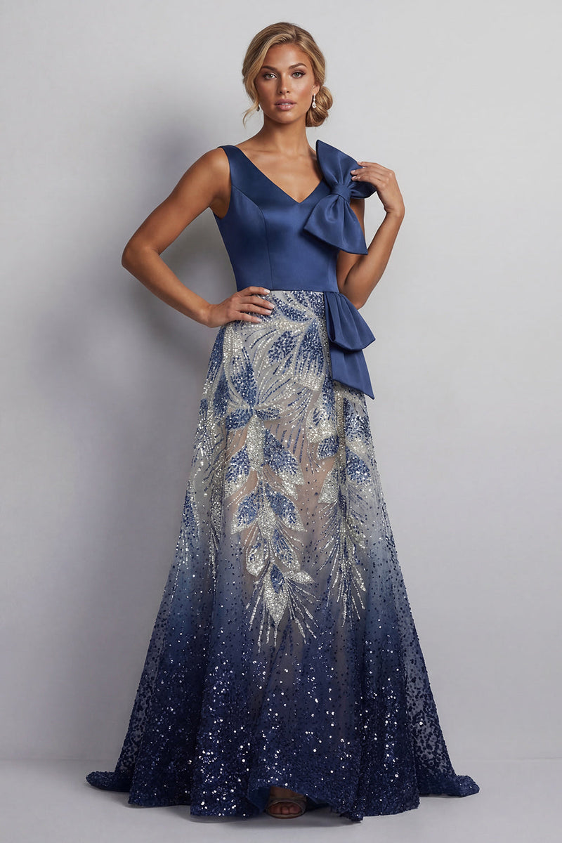 Load image into Gallery viewer, A Line Sparkly Navy Beaded Long Mother of the Bride Dress with Bow