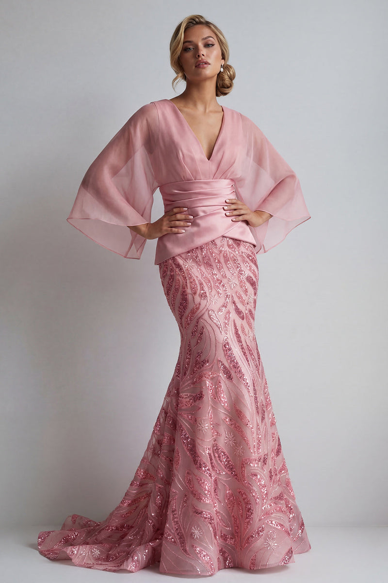 Load image into Gallery viewer, Mermaid Long Sparkly Sequin Pink Ruched Mother of the Bride Dress