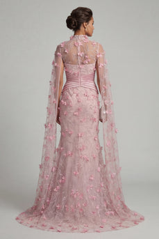 Mermaid Floral Long Pink Ruched Mother of the Bride Dress with Cape