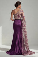 Load image into Gallery viewer, Mermaid Long Sparkly Dark Purple Floral Sequin Mother of the Bride Dress with Side Cape