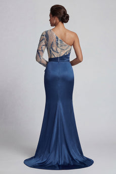 Long Ruched Mermaid Sparkly Beaded Navy Mother of the Bride Dress