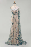 Load image into Gallery viewer, Blue Long Mermaid Sparkly Light Beaded Mother of the Bride Dress with Side Cape