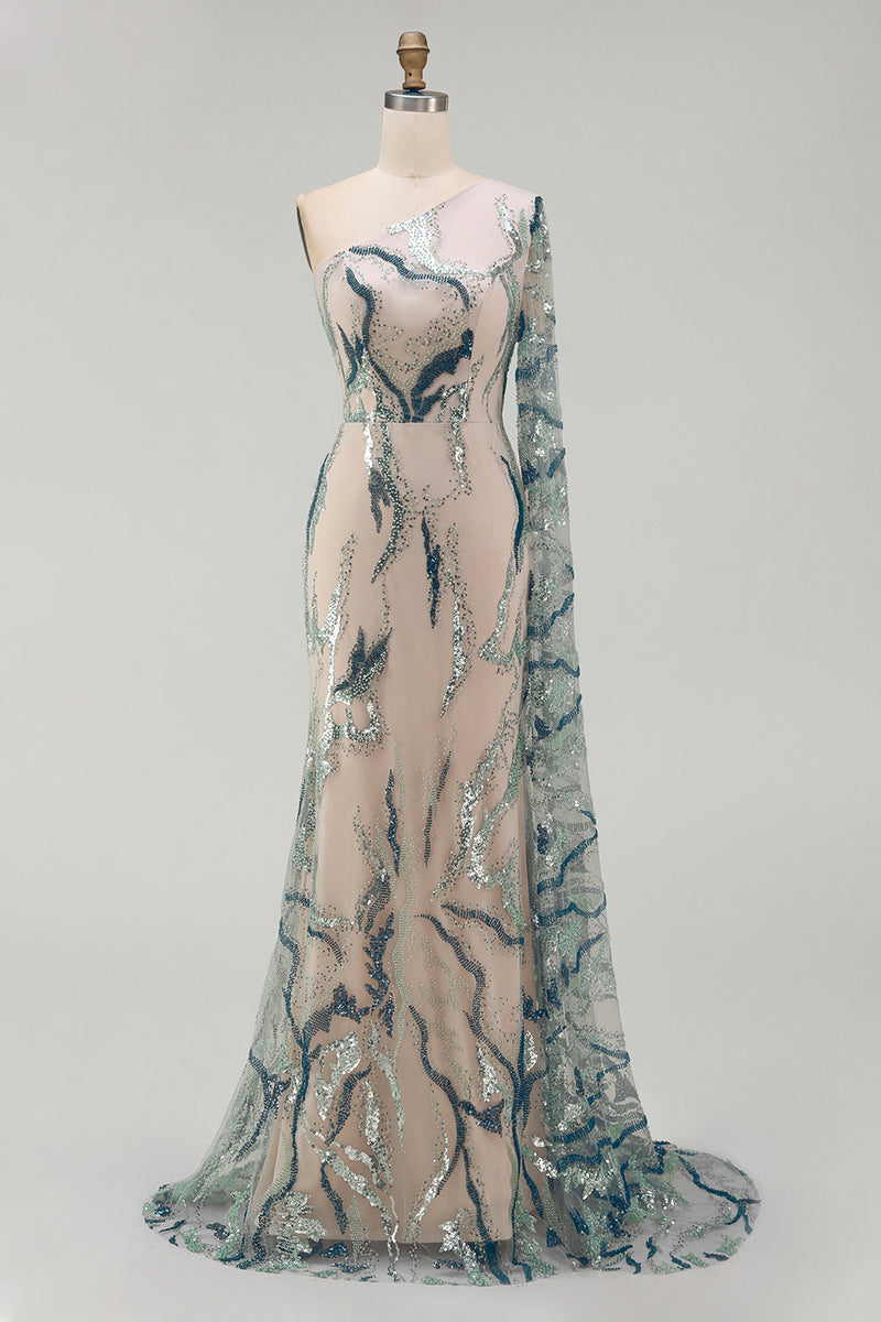 Load image into Gallery viewer, Blue Long Mermaid Sparkly Light Beaded Mother of the Bride Dress with Side Cape