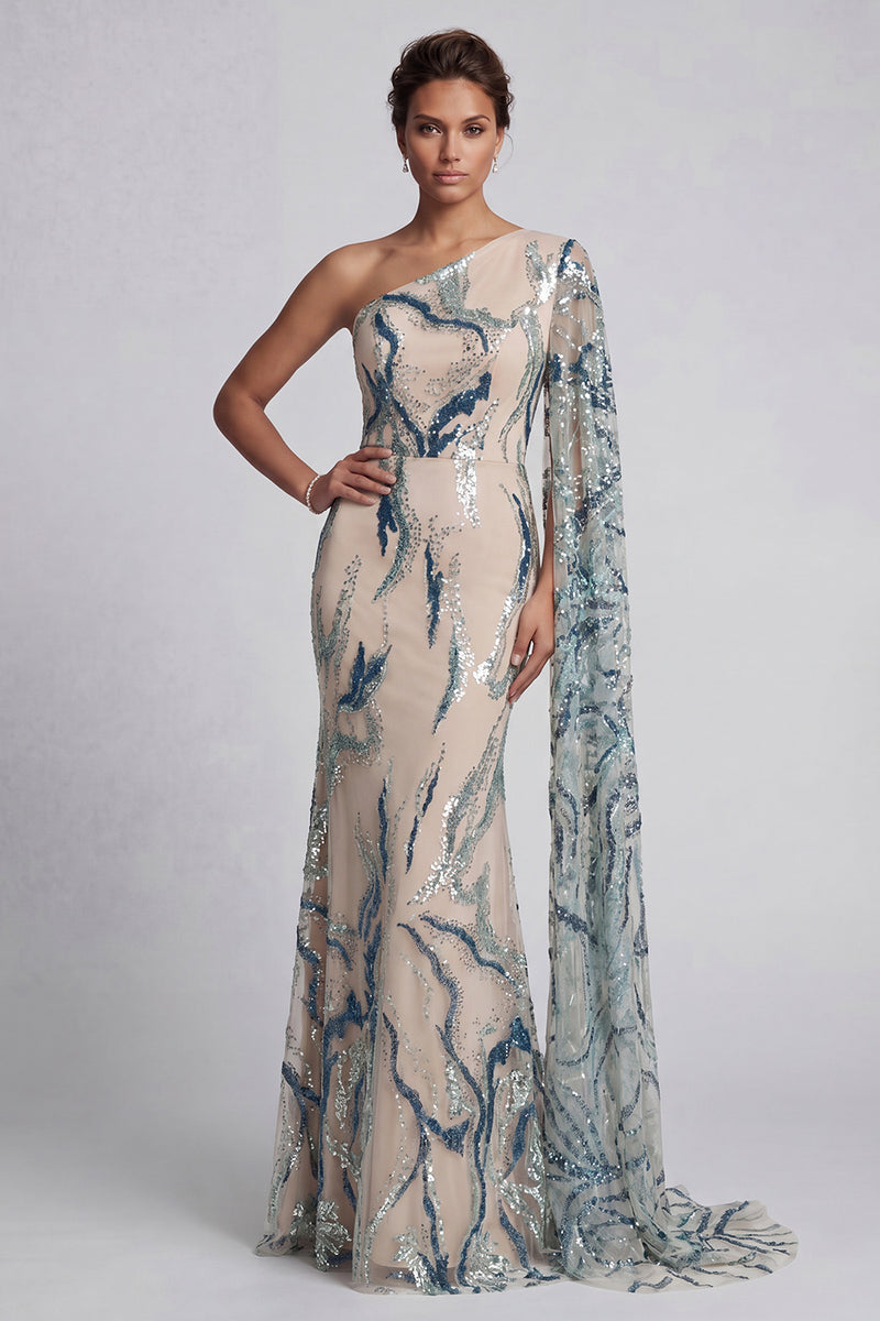 Load image into Gallery viewer, Blue Long Mermaid Sparkly Light Beaded Mother of the Bride Dress with Side Cape