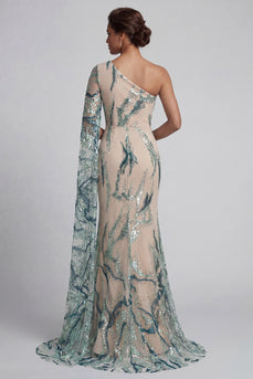 Blue Long Mermaid Sparkly Light Beaded Mother of the Bride Dress with Side Cape