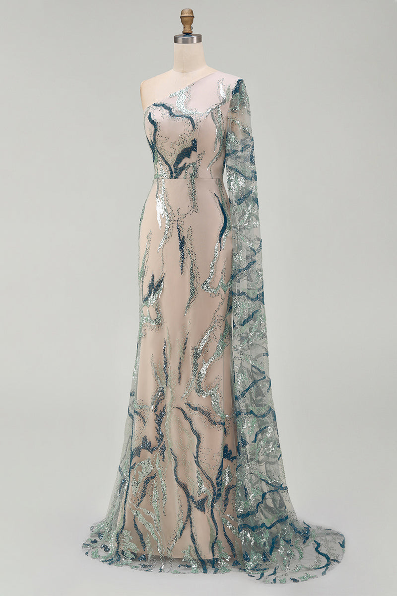 Load image into Gallery viewer, Blue Long Mermaid Sparkly Light Beaded Mother of the Bride Dress with Side Cape