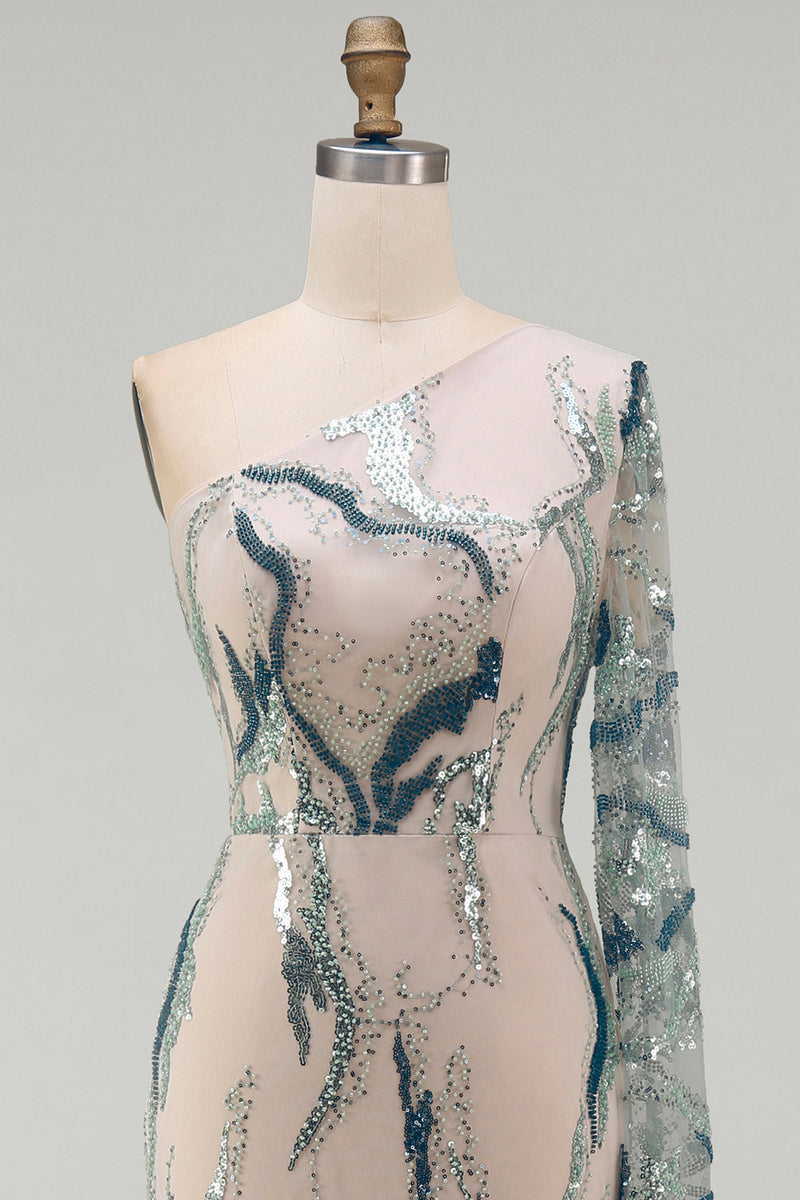 Load image into Gallery viewer, Blue Long Mermaid Sparkly Light Beaded Mother of the Bride Dress with Side Cape