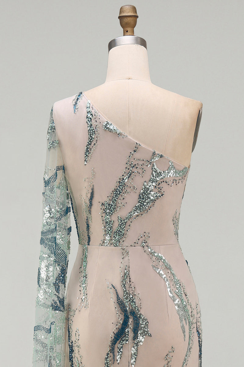 Load image into Gallery viewer, Blue Long Mermaid Sparkly Light Beaded Mother of the Bride Dress with Side Cape