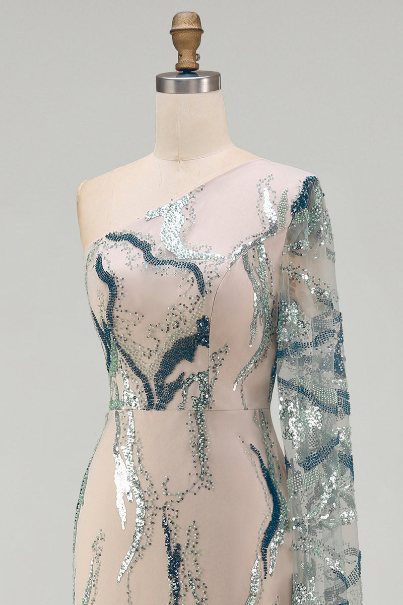 Load image into Gallery viewer, Blue Long Mermaid Sparkly Light Beaded Mother of the Bride Dress with Side Cape