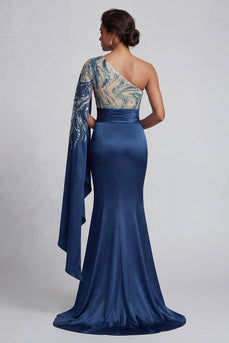 Mermaid Sparkly Beaded Navy Long Mother of the Bride Dress with Side Cape