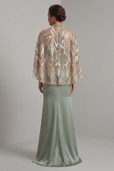 Mermaid Long Sparkly Sequin Light Green Mother of the Bride Dress with Cape