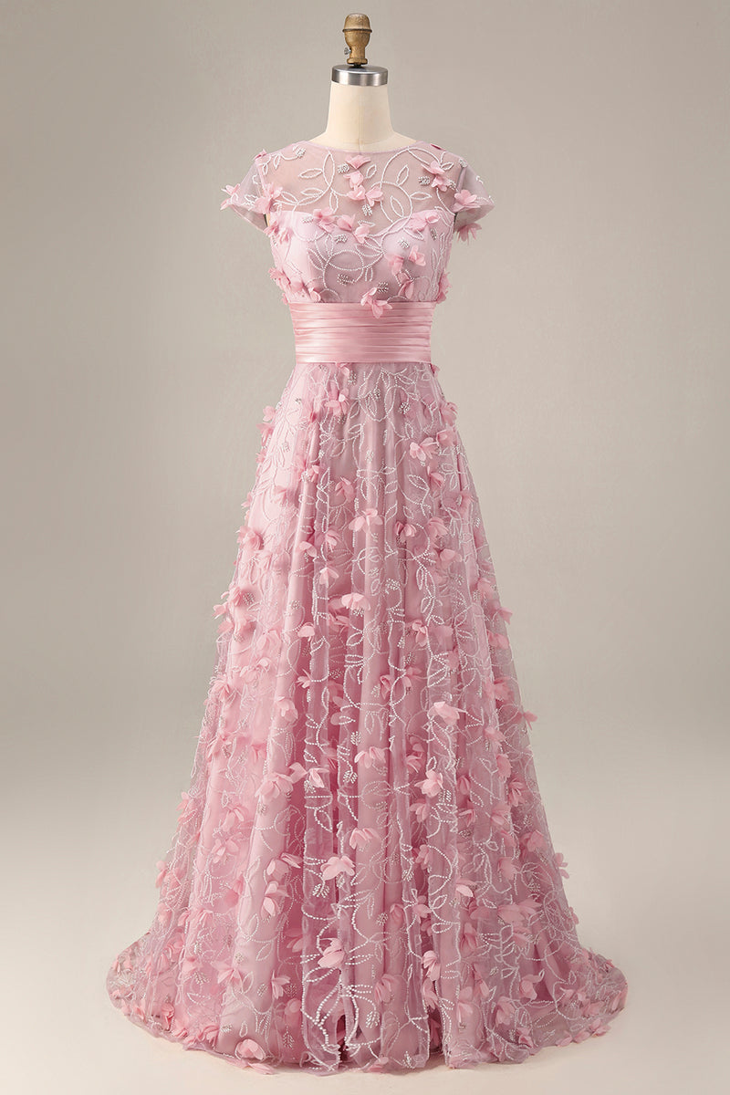 Load image into Gallery viewer, A Line Pink Floral Long Short Sleeves Mother of the Bride Dress
