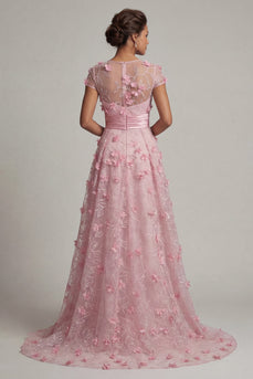 A Line Pink Floral Long Short Sleeves Mother of the Bride Dress