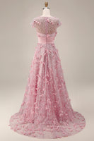 Load image into Gallery viewer, A Line Pink Floral Long Short Sleeves Mother of the Bride Dress