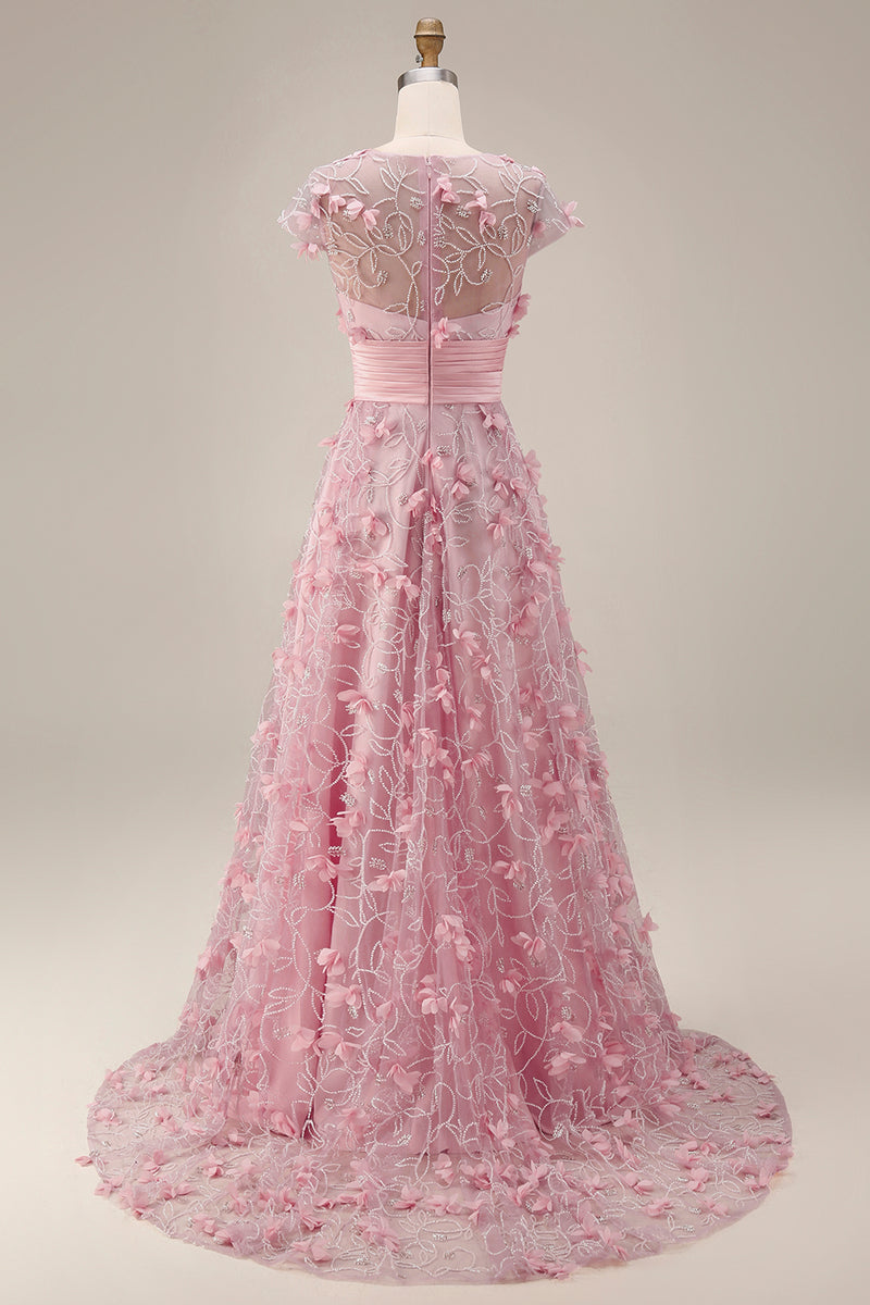 Load image into Gallery viewer, A Line Pink Floral Long Short Sleeves Mother of the Bride Dress