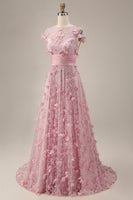 Load image into Gallery viewer, A Line Pink Floral Long Short Sleeves Mother of the Bride Dress