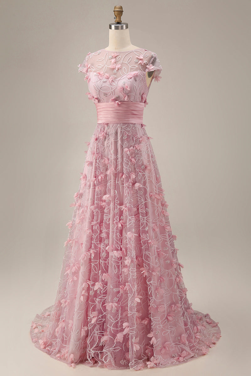 Load image into Gallery viewer, A Line Pink Floral Long Short Sleeves Mother of the Bride Dress