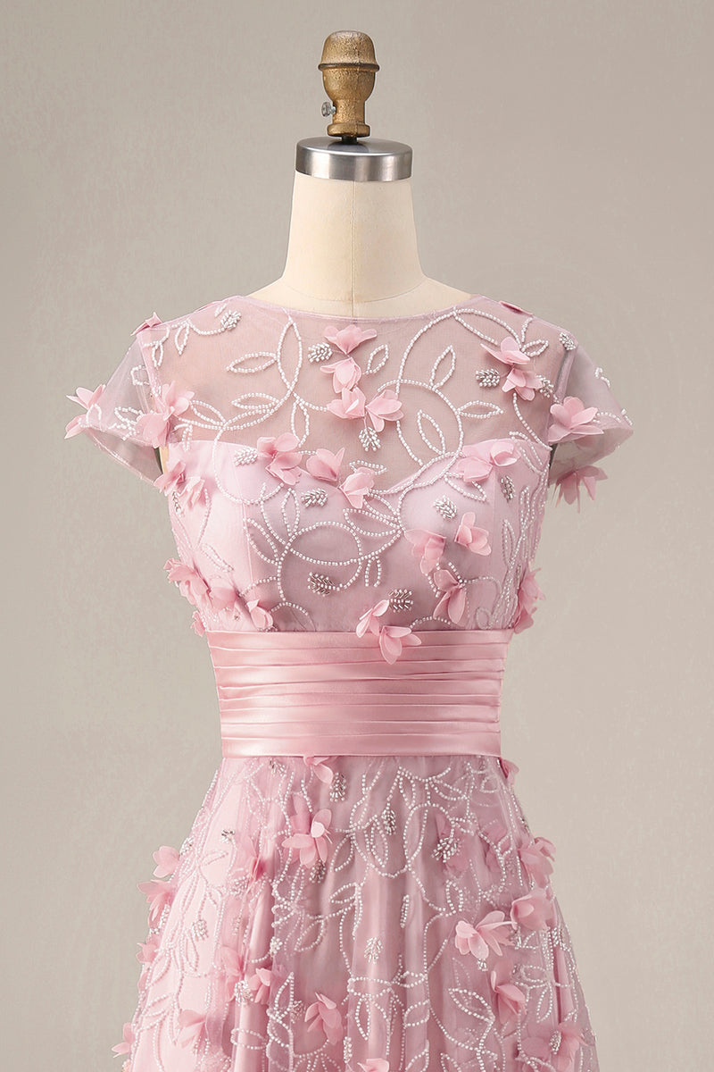 Load image into Gallery viewer, A Line Pink Floral Long Short Sleeves Mother of the Bride Dress