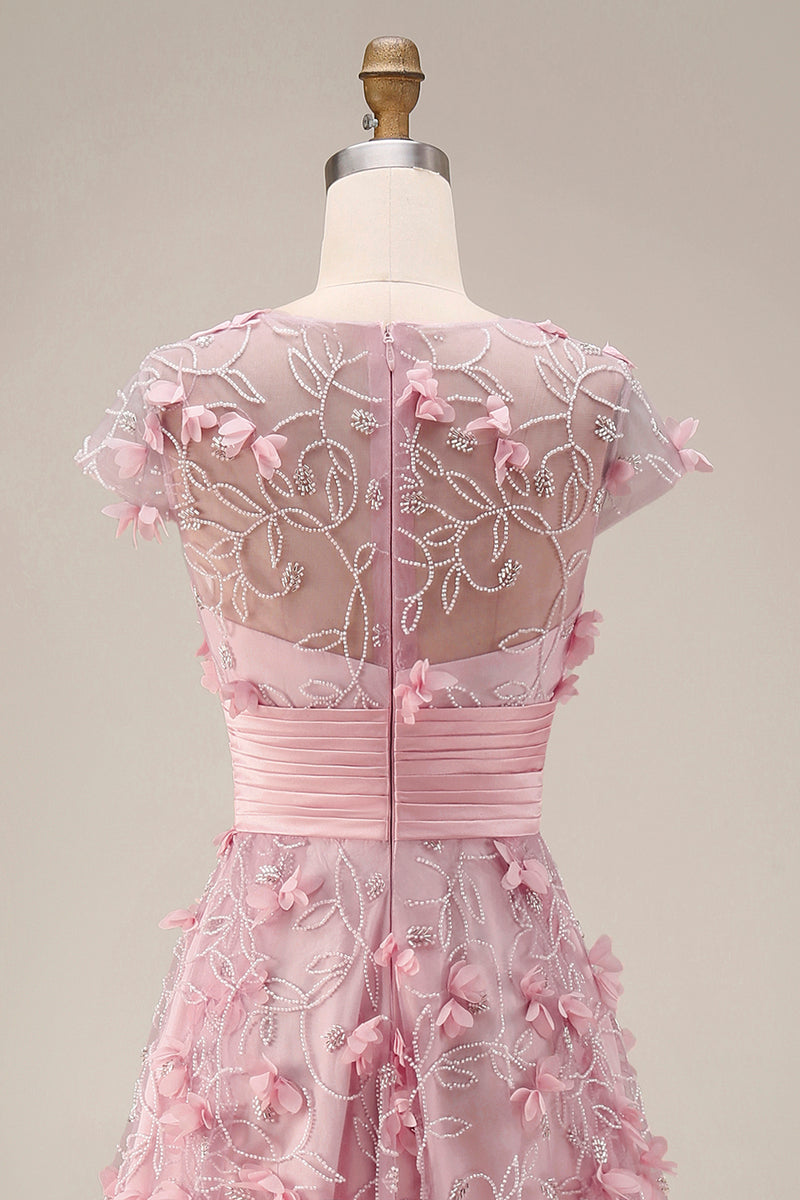 Load image into Gallery viewer, A Line Pink Floral Long Short Sleeves Mother of the Bride Dress