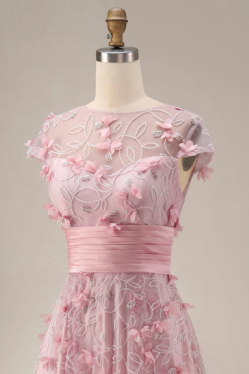 Load image into Gallery viewer, A Line Pink Floral Long Short Sleeves Mother of the Bride Dress