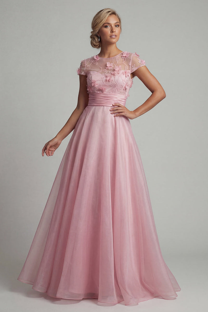 Load image into Gallery viewer, Short Sleeves Long Floral A Line Pink Mother of the Bride Dress