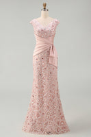 Load image into Gallery viewer, V-Neck Mermaid Ruched Long Sparkly Beaded Blush Mother of the Bride Dress