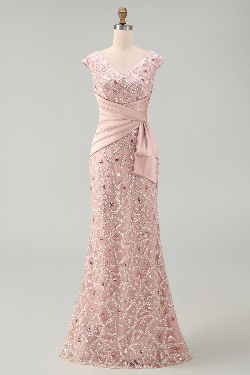 Load image into Gallery viewer, V-Neck Mermaid Ruched Long Sparkly Beaded Blush Mother of the Bride Dress