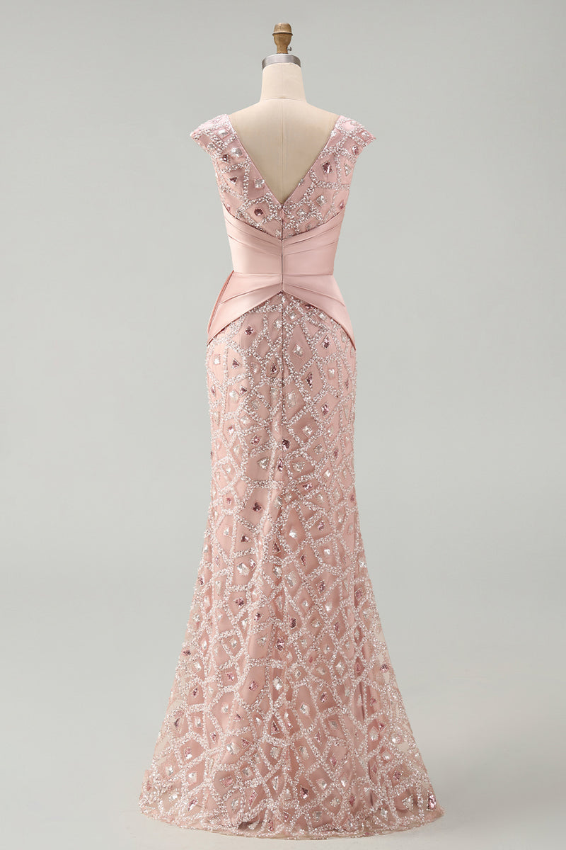Load image into Gallery viewer, V-Neck Mermaid Ruched Long Sparkly Beaded Blush Mother of the Bride Dress