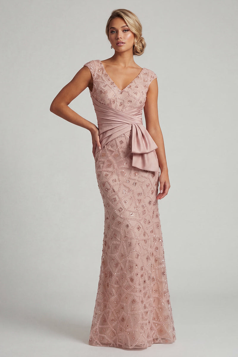 Load image into Gallery viewer, V-Neck Mermaid Ruched Long Sparkly Beaded Blush Mother of the Bride Dress