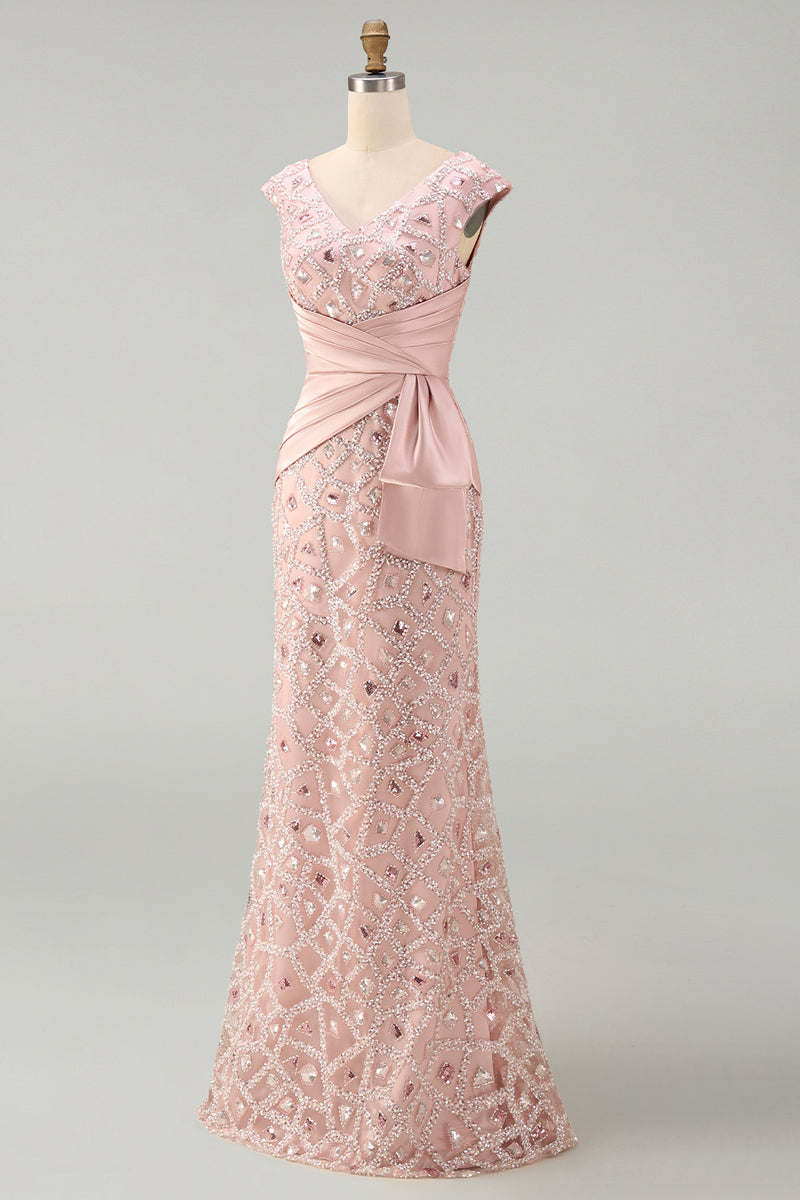 Load image into Gallery viewer, V-Neck Mermaid Ruched Long Sparkly Beaded Blush Mother of the Bride Dress