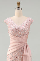 Load image into Gallery viewer, V-Neck Mermaid Ruched Long Sparkly Beaded Blush Mother of the Bride Dress