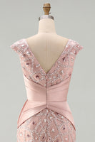 Load image into Gallery viewer, V-Neck Mermaid Ruched Long Sparkly Beaded Blush Mother of the Bride Dress