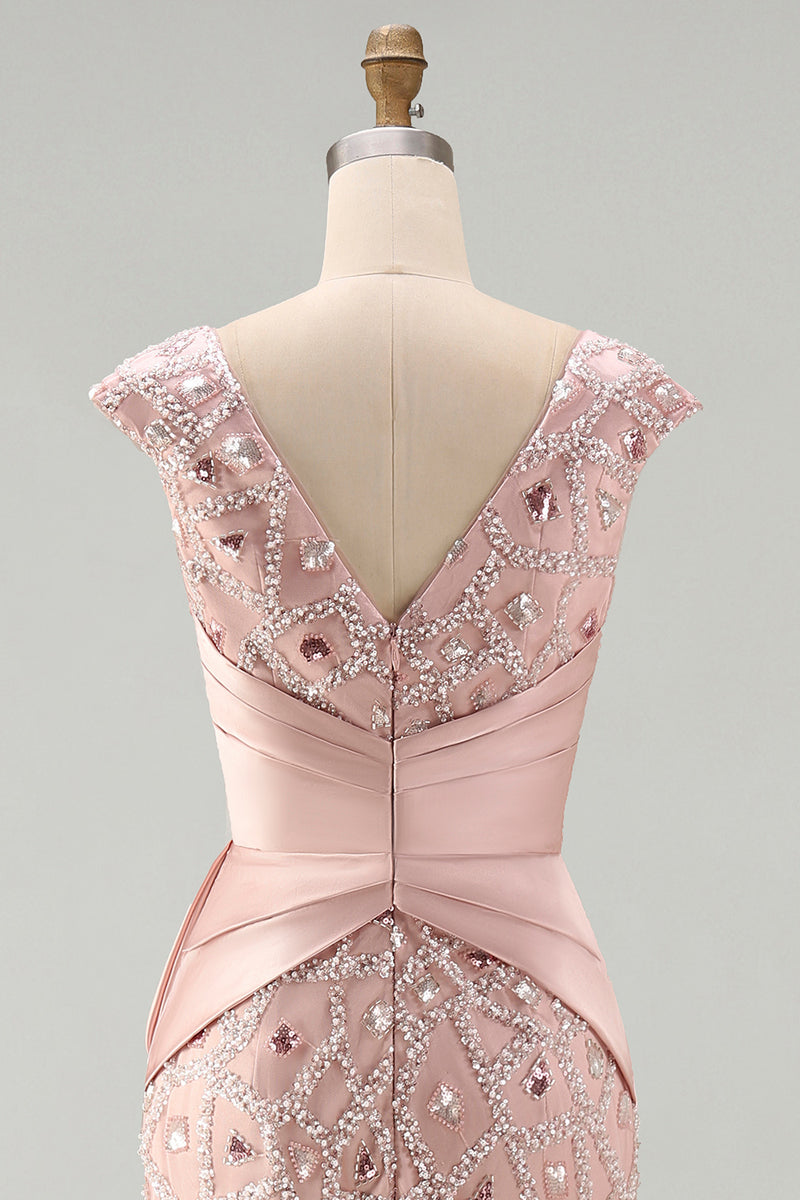 Load image into Gallery viewer, V-Neck Mermaid Ruched Long Sparkly Beaded Blush Mother of the Bride Dress