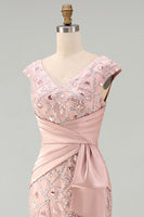 Load image into Gallery viewer, V-Neck Mermaid Ruched Long Sparkly Beaded Blush Mother of the Bride Dress