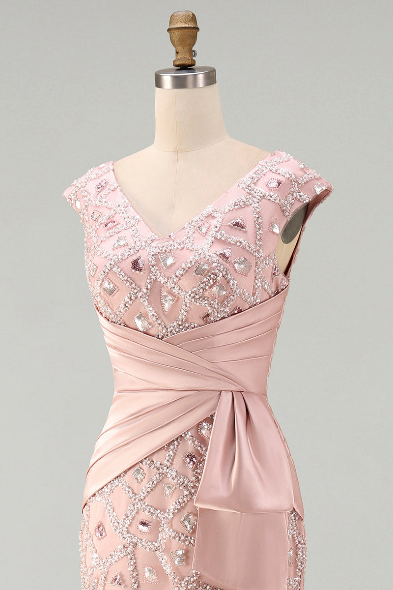 Load image into Gallery viewer, V-Neck Mermaid Ruched Long Sparkly Beaded Blush Mother of the Bride Dress