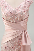 Load image into Gallery viewer, V-Neck Mermaid Ruched Long Sparkly Beaded Blush Mother of the Bride Dress