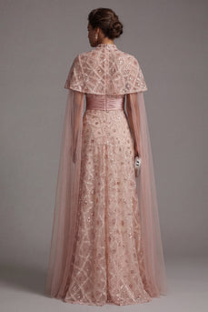 Strapless Long Sparkly Blush Beaded A Line Mother of the Bride Dress with Cape