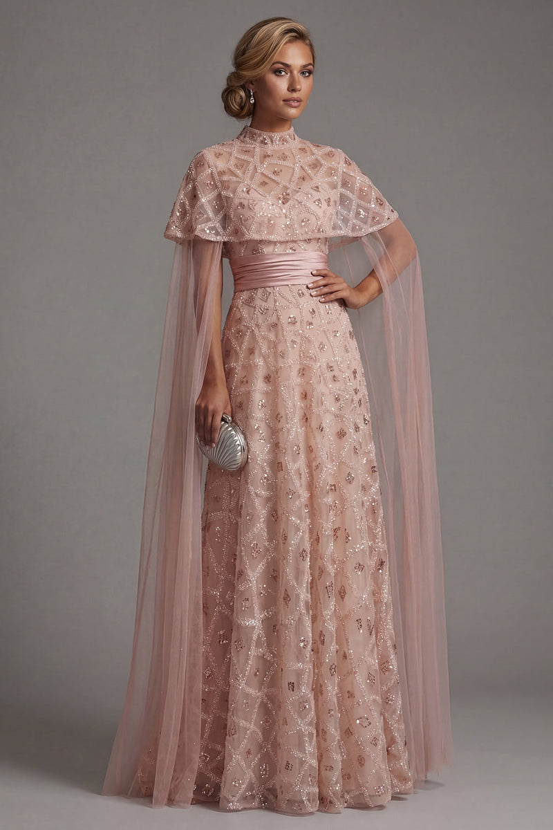 Load image into Gallery viewer, Strapless Long Sparkly Blush Beaded A Line Mother of the Bride Dress with Cape