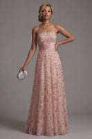 Load image into Gallery viewer, Strapless Long Sparkly Blush Beaded A Line Mother of the Bride Dress with Cape