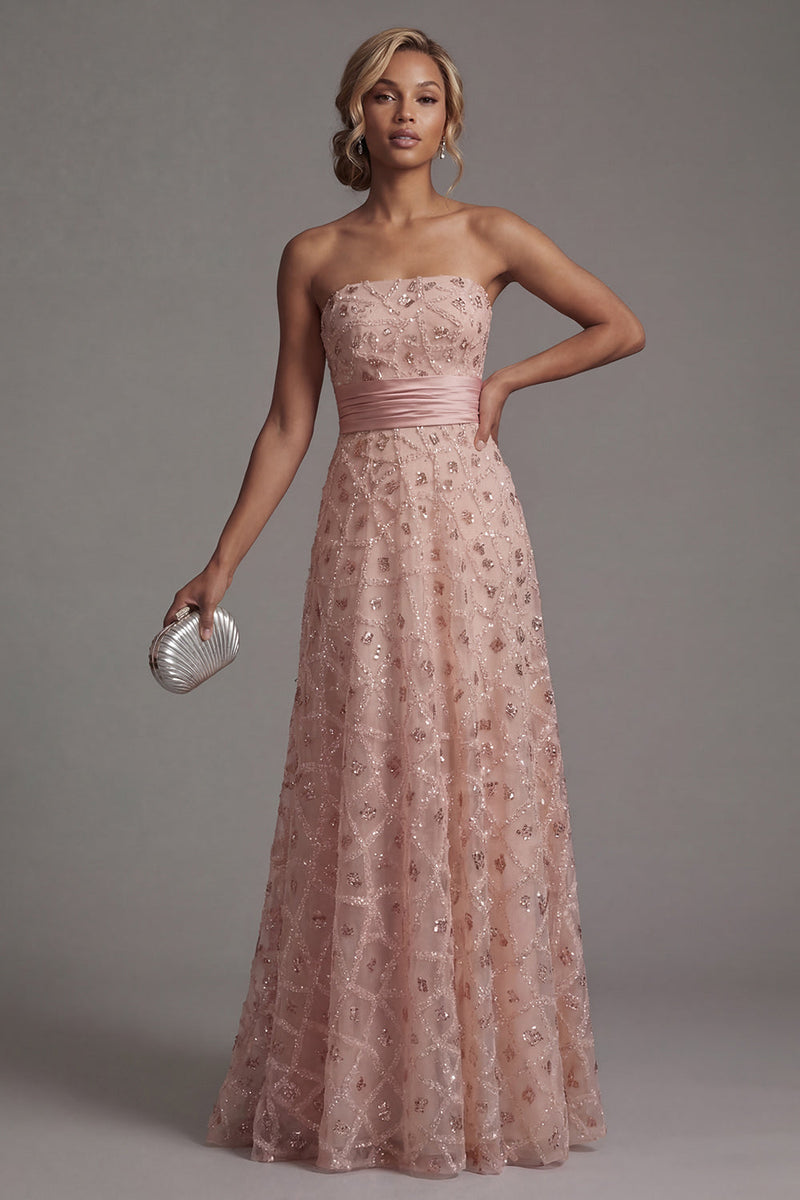 Load image into Gallery viewer, Strapless Long Sparkly Blush Beaded A Line Mother of the Bride Dress with Cape